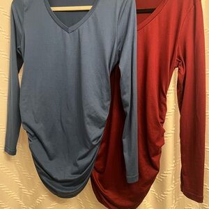 Maternity V-Neck Long Sleeve Tops - Blue and Red